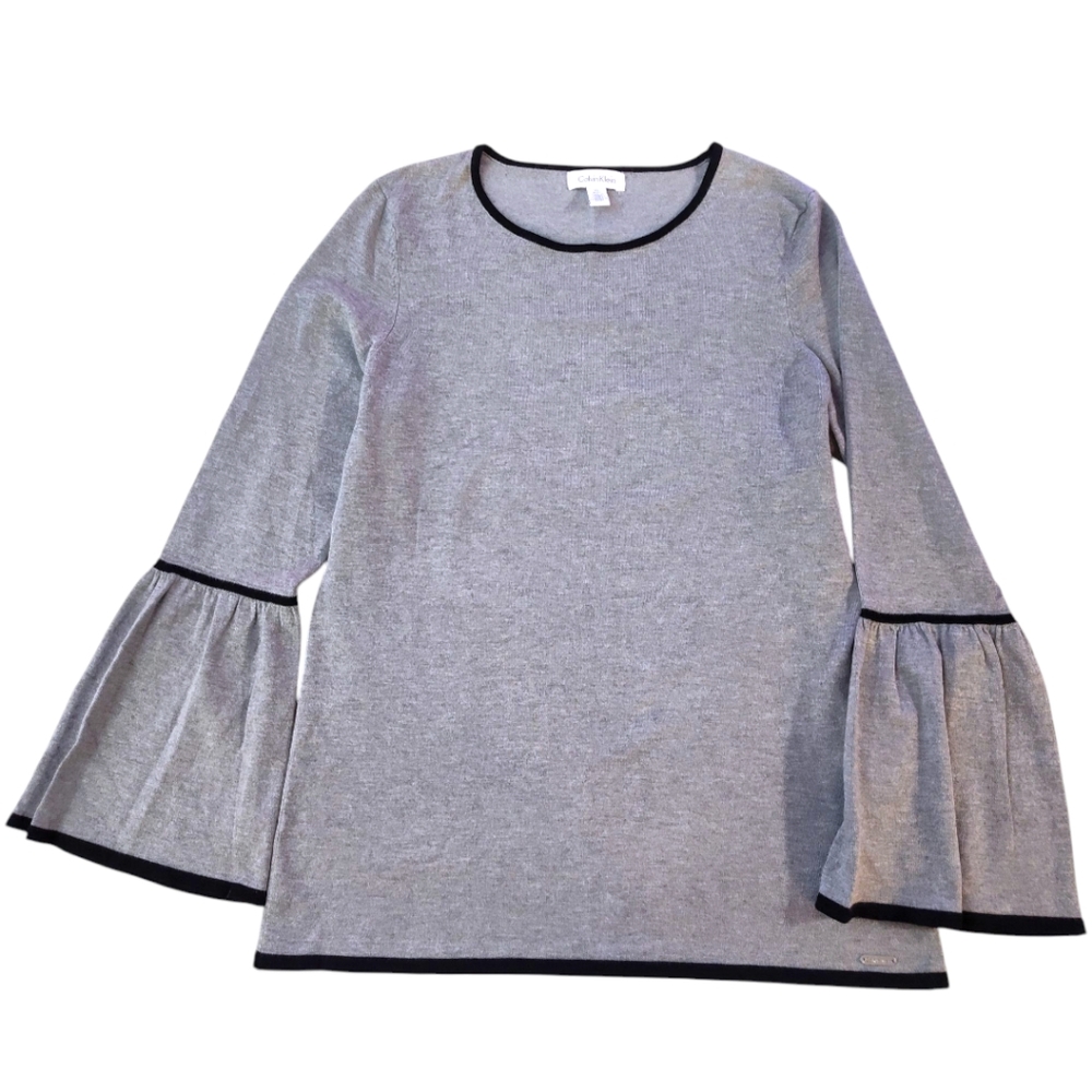 Calvin Klein Soft Gray Black Trim Bell Sleeve Lightweight Sweater Womens Medium - Picture 2 of 4
